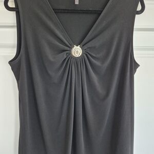 Anne Klein Black Sleeveless V-Neck Top with Gold-Tone Decorative Medallion